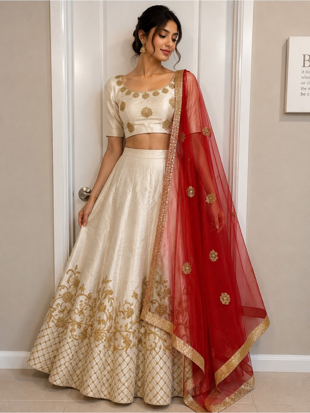 Embroidered Ivory & Gold Lehenga choli with Red Dupatta